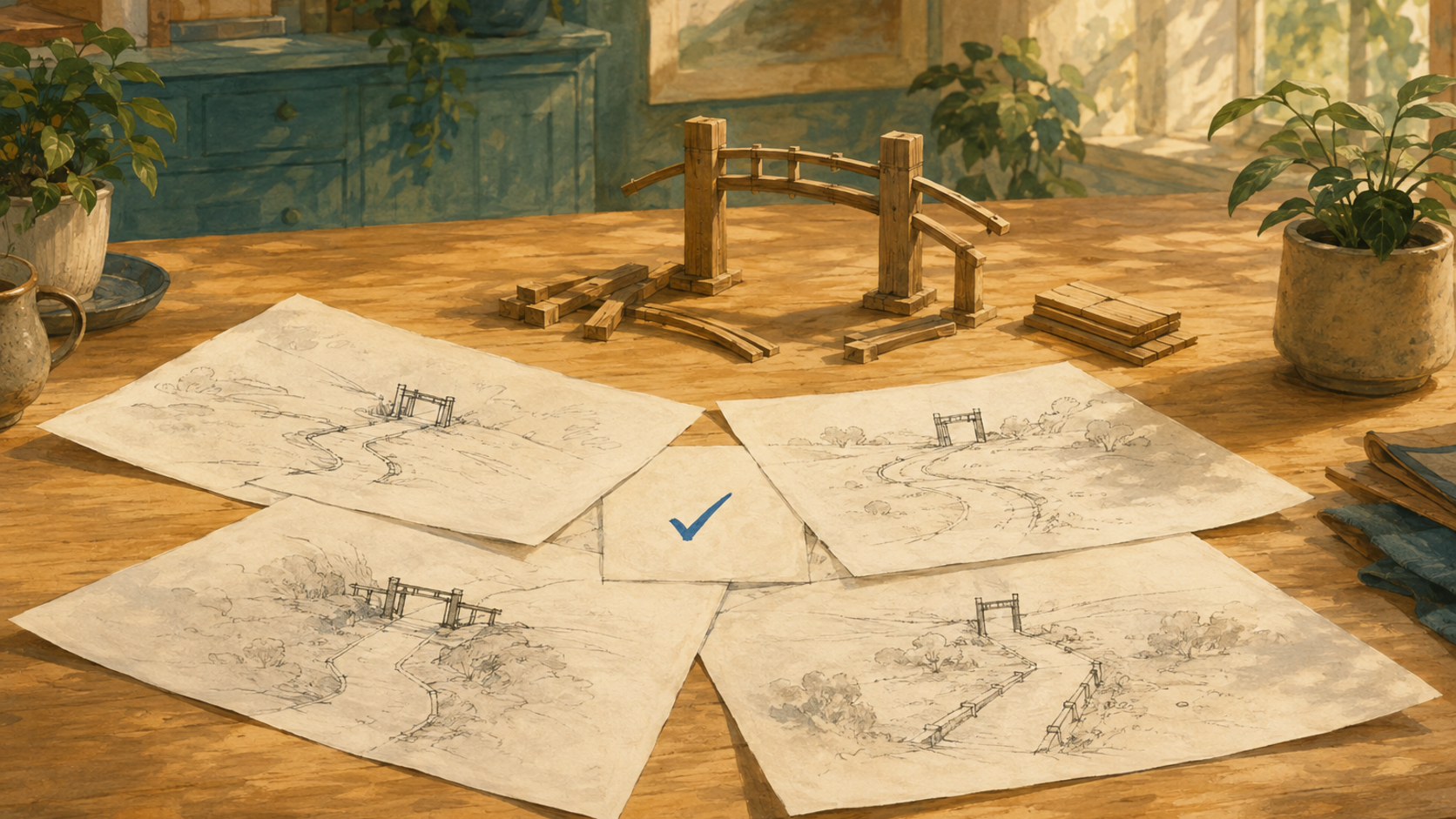 Several independent plans converge on the same marked boundary while the bridge itself remains unfinished.